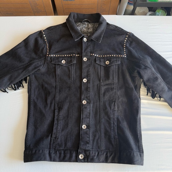 Zara Man Faux Suede Fringe Studded Black Denim Jacket Pockets Button Up Size L - Picture 3 of 16